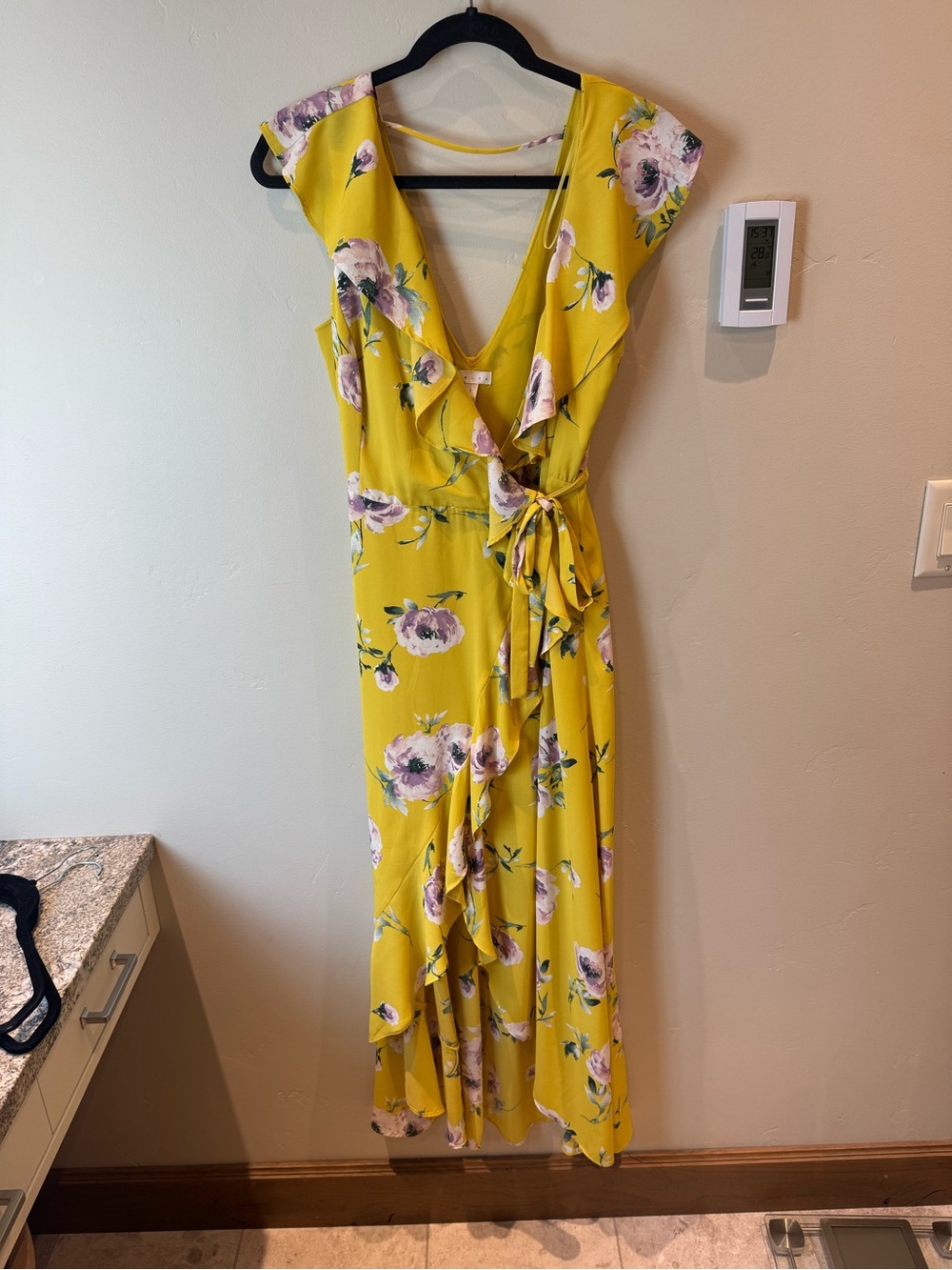 Leith Yellow Floral Ruffle Wrap Maxi Dress